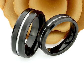 His And Hers Tungsten Wedding Band Set,Men & Women,8mm,6mm,Two Tone Grooved Black Tungsten Carbide Ring, Promise Ring For Couple