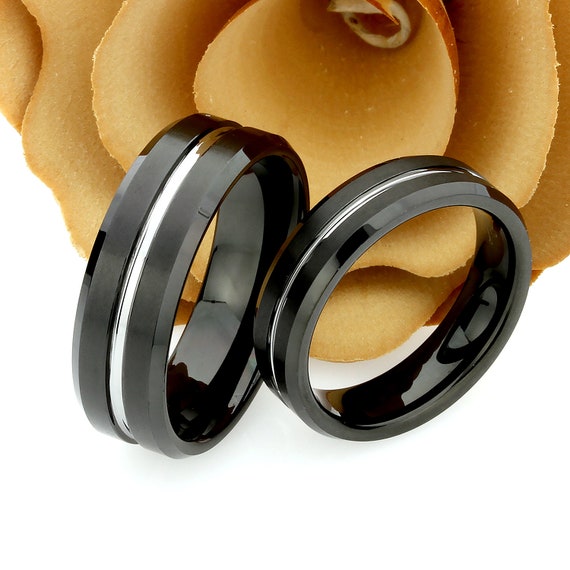 Set di fedi nuziali in carburo di tungsteno nero: anelli di promessa con parte superiore piatta, 8 mm 6 mm, set di anelli di fidanzamento, set di anelli di anniversario - Italia