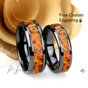 His And Hers Black Ceramic Wedding Band Set, Orange Fire Opal Inlay Ceramic Ring For Men & Women, 8mm, 6mm,Promise Ring For Couple