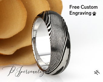 Mens Womens 6mm/8mm Damascus Steel Wedding Band, Forged Burl Wood Pattern Ring, Damascus Steel Promise Ring For Men And Women