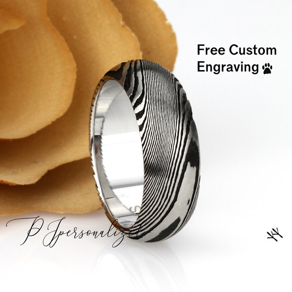 Mens Womens 6mm/8mm Damascus Steel Wedding Band, Forged Burl Wood Pattern Ring, Damascus Steel Promise Ring For Men And Women