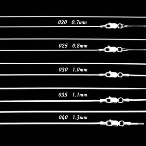 May include: Five silver chains of varying thicknesses, labeled with their corresponding measurements in millimeters: 0.7mm, 0.8mm, 1.0mm, 1.1mm, and 1.3mm.