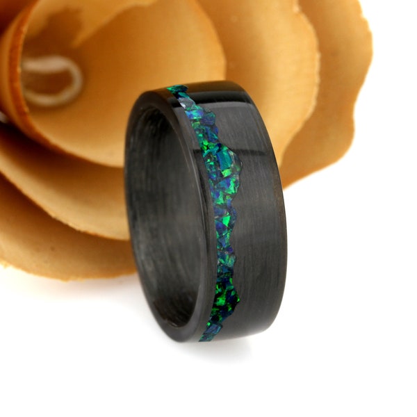 Fire Opal Wedding Band His Or Hers, Emerald Green Fire Opal Inlay, Mountain Pattern Durable Carbon Fiber Ring, His Or Hers Wedding Ring