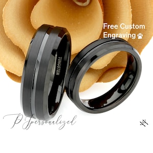 His And Hers Tungsten Wedding Band Set,Men & Women,8mm,6mm,Grooved Center,Black Tungsten Carbide Ring, His And Hers Promise Ring Set,