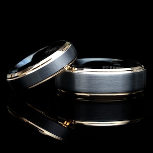 His And Hers Tungsten Wedding Band Set,8mm,6mm,Black & Rose Gold Tone Edges,Tungsten Carbide Ring, Promise Ring For Couple, Couple Gift