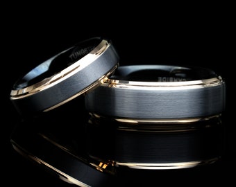Tungsten Wedding Band Set: Black & Rose Gold Tone, Promise Rings, 8mm 6mm, Engagement Ring Set, Anniversary Ring Sets