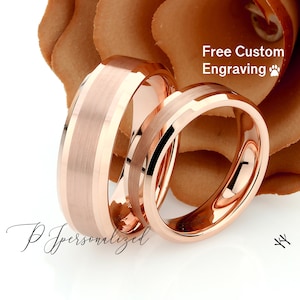 His And Hers Tungsten Wedding Band Set,Men & Women,8mm,6mm,Matte Rose Gold Tone,Tungsten Carbide Ring, His And Hers Promise Ring Set