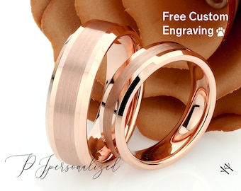 His And Hers Tungsten Wedding Band Set,Men & Women,8mm,6mm,Matte Rose Gold Tone,Tungsten Carbide Ring, Promise Ring For Couple