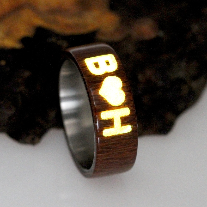 Titanium Wood Wedding Band Bent Wood Wedding Band Men Women Custom Inlay With Glow In The Dark Natural Wood Ring For Men Women