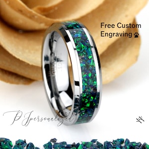 Crushed Emerald Green Opal Inlay 6mm Tungsten Wedding Band, Black Ceramic Band For Women, Women&#39;s Tungsten Band, Fire Opal Ring Promise Ring