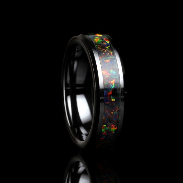 6 mm Crushed Black Rainbow Opal Wolfram Ehering - Schwarzer Keramikring