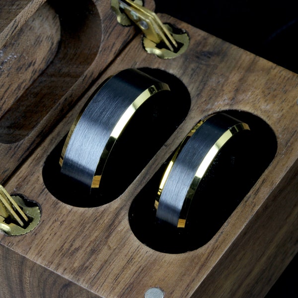 His And Hers Tungsten Wedding Band Set,8mm,6mm,Black & Gold Beveled Edges, Tungsten Carbide Ring, Promise Ring For Couple, Wood Box