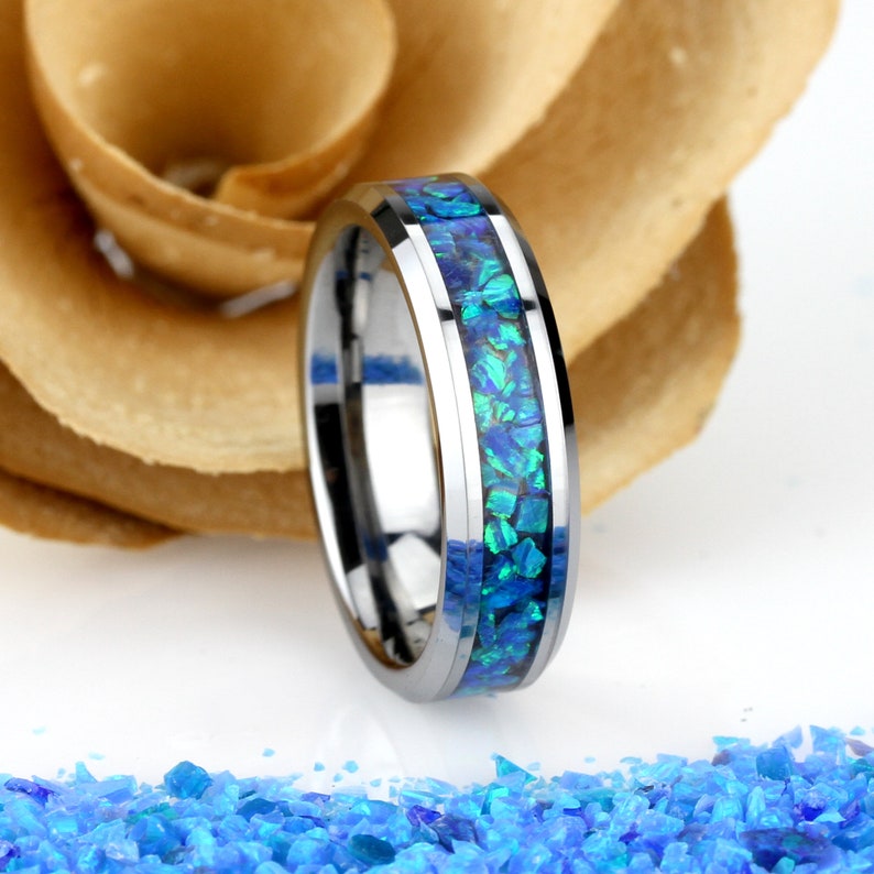 His And Hers Tungsten Wedding Band Set Blue Fire Opal