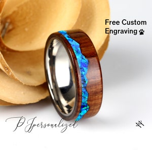 Fede nuziale in opale di fuoco per lui e per lei, intarsio in opale di fuoco blu da 8 mm/6 mm, anello in legno massello naturale con motivo a montagna, fede nuziale per lui e per lei