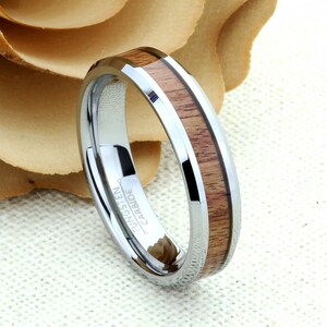 Tungsten Wedding Band Set, Men & Women, 6mm, 8mm, Koa Wood Inlay, Tungsten Carbide Ring, His And Hers Promise Ring Set,