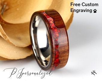 Fire Opal Wedding Band His And Hers, Red Fire Opal Inlay 8mm/6mm, Mountain Pattern Natural Solid Wood Ring, His And Hers Wedding Ring