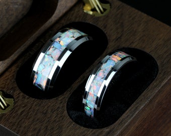 Tungsten Wedding Band Set: White Fire Opal Inlay, Promise Rings