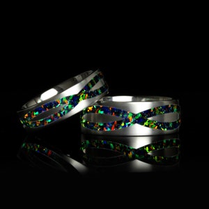 His And Hers Green Fire Opal Wedding Band Set, Emerald Green Opal Inlay Ring, Infinity Eternity Titanium Band Set, Anniversary Gift Ring Set