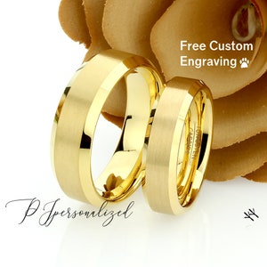 His And Hers Tungsten Wedding Band Set,Men & Women,8mm,6mm,Yellow Gold Beveled Ring,Tungsten Carbide Ring, His And Hers Promise Ring Set