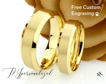 Set di fedi nuziali in oro giallo e tungsteno: anelli di promessa smussati, 8 mm 6 mm, set di anelli di fidanzamento, set di anelli di anniversario