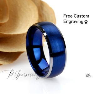 Tungsten Wedding Band Men Blue, 8mm Domed Brushed Tungsten Ring For Men, Beveled Edges Mens Blue Tungsten Promise Ring, Husband Gift