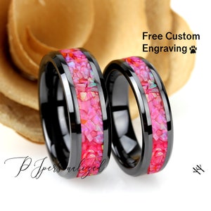 Seine und ihre schwarze Keramik Ehering Set, rosa Feueropal Inlay Keramikring für Männer und Frauen, 8 mm, 6 mm, Versprechen Ring für Paar