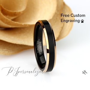 Tungsten Ring, Women&#39;s Tungsten Wedding Band, Women&#39;s Black & Rose Gold Wedding Band, Black Tungsten Ring Band, Anniversary Ring, 4mm Ring