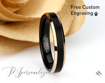 Wolfraam ring, dames wolfraam trouwring, dames zwart & rosé gouden trouwring, zwarte wolfraam ringband, verjaardagsring, 4mm ring