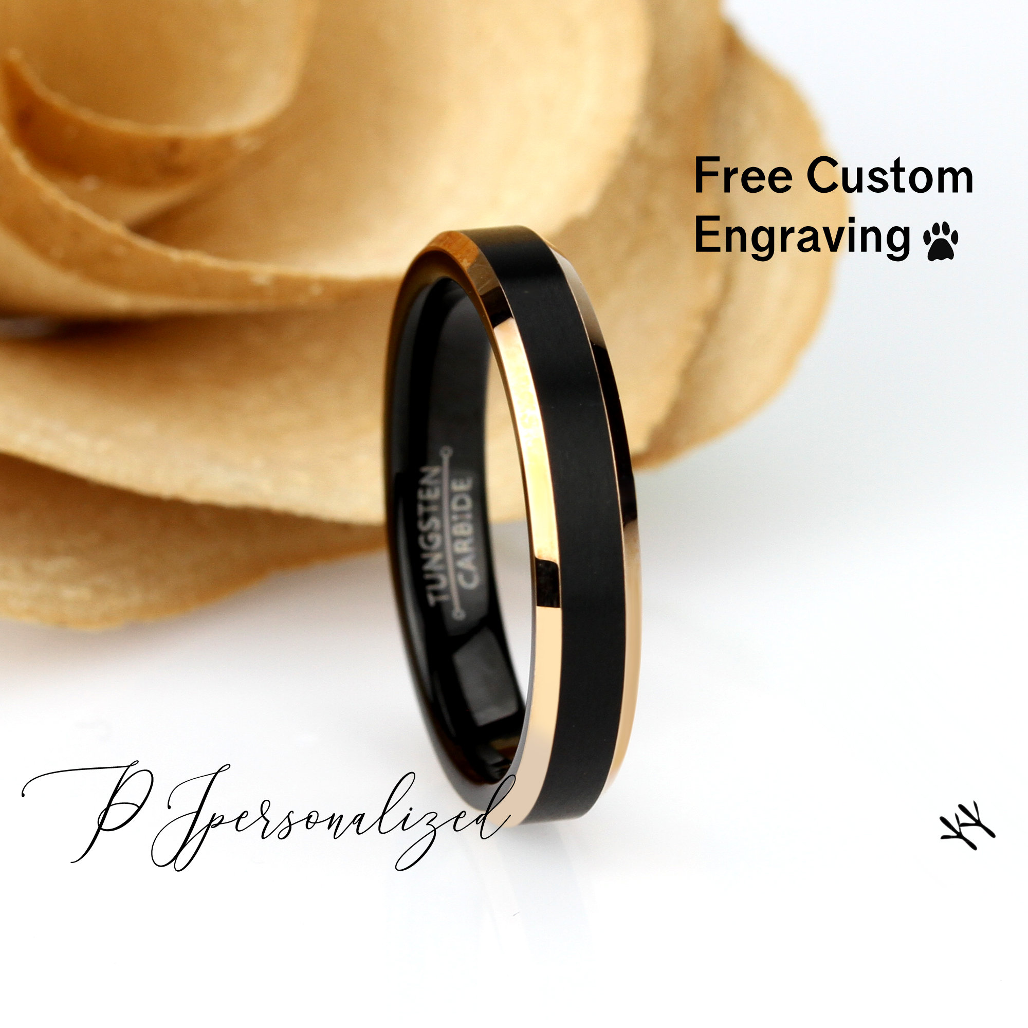 Tungsten Ring, Women's Tungsten Wedding Band, Women's Black & Rose Gold Wedding Band, Black Tungsten Ring Band, Anniversary Ring, 4mm Ring