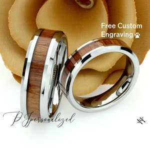 His And Hers Tungsten Wedding Band Set,Men & Women,8mm,6mm,Mahogany Wood Inlay Ring,Tungsten Carbide Ring, His And Hers Promise Ring Set
