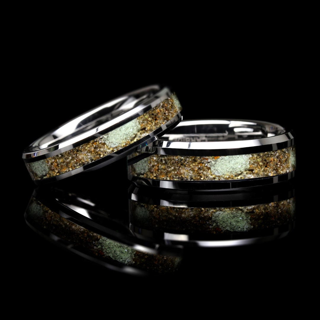 Custom Tungsten Wedding Band: Sand Inlay & Glow Stone, His/hers Ring - Etsy