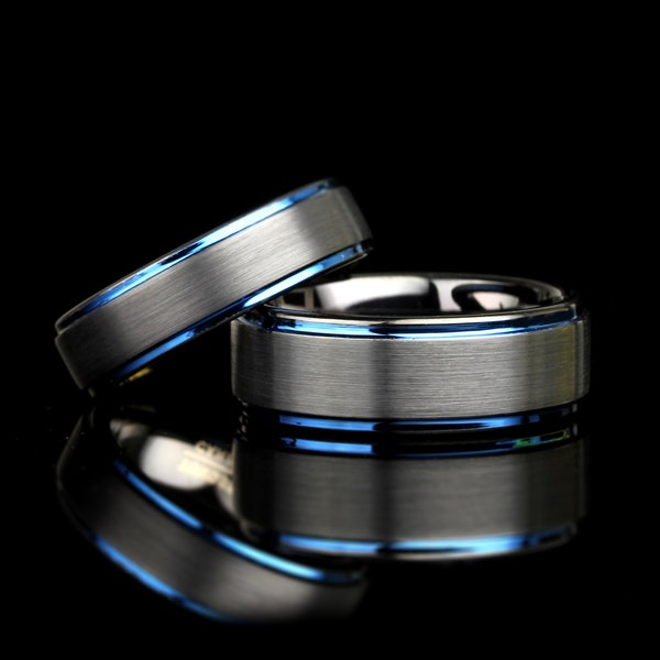 His And Hers Tungsten Wedding Band Set Black Blue, 8mm 6mm, Brushed Black Ring, Tungsten Carbide Ring, Promise Ring For Couple