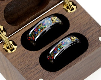 Black Ceramic Wedding Band Set: Fire Opal Dinosaur Bone Rings