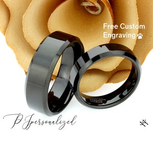 His And Hers Tungsten Wedding Band Set,Men & Women,8mm,6mm,Polished Flat Top Black Tungsten Carbide Ring, His And Hers Promise Ring Set