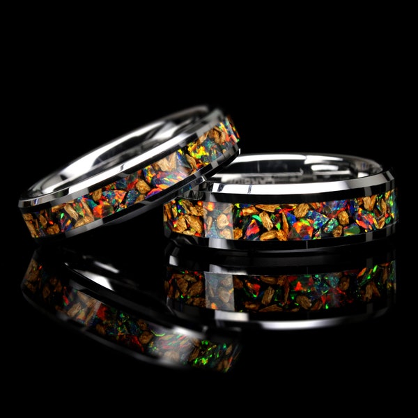 Wolfram Trauring Set: Schwarzer Feueropal & Dinosaurier Knochen Inlay