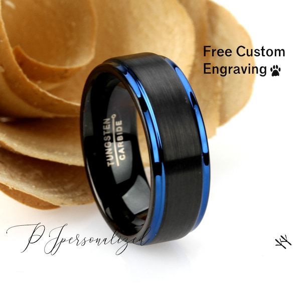 Tungsten Ring, Men's Tungsten Wedding Band, Men's Black Wedding Band, Black Tungsten Ring, Tungsten Band, Anniversary Ring, 8mm Black Blue