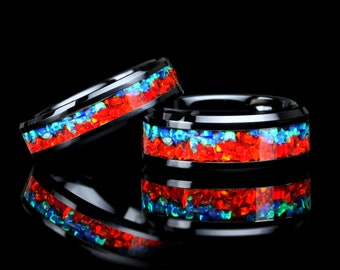 His Or Hers Wedding Band, Red & Blue Fire Opal Inlay Black Ceramic Ring 8mm/6mm, Promise Ring For Couple, Anniversary Gift