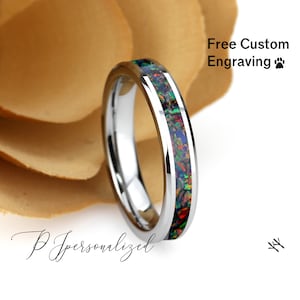 Crushed Black Rainbow Opal Tungsten Wedding Band, 4mm Comfort Fit