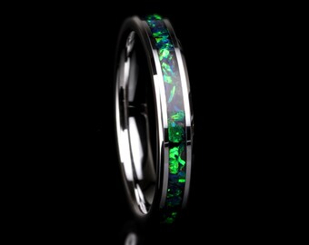Emerald Green Opal Tungsten Wedding Band - Black Ceramic Option