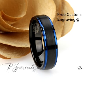 Tungsten Ring, Women&#39;s Tungsten Wedding Band, Women&#39;s Black & Blue Wedding Band, Black Tungsten Ring Band, Anniversary Ring, 6mm Ring