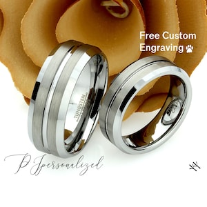 His And Hers Tungsten Wedding Band Set,Men & Women,9mm,7mm,Grooved Matte Ring,Tungsten Carbide Ring, His And Hers Promise Ring Set,