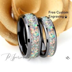 Seine und Ihre schwarze Keramik Ehering Set, weiße Feueropal Inlay Keramikring für Männer und Frauen, 8 mm 6 mm, Versprechen Ring für Paar