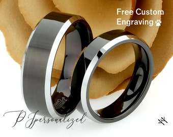 His And Hers Tungsten Wedding Band Set,Men & Women,8mm,6mm,Polished Black Top,Black Tungsten Carbide Ring, Promise Ring For Couple
