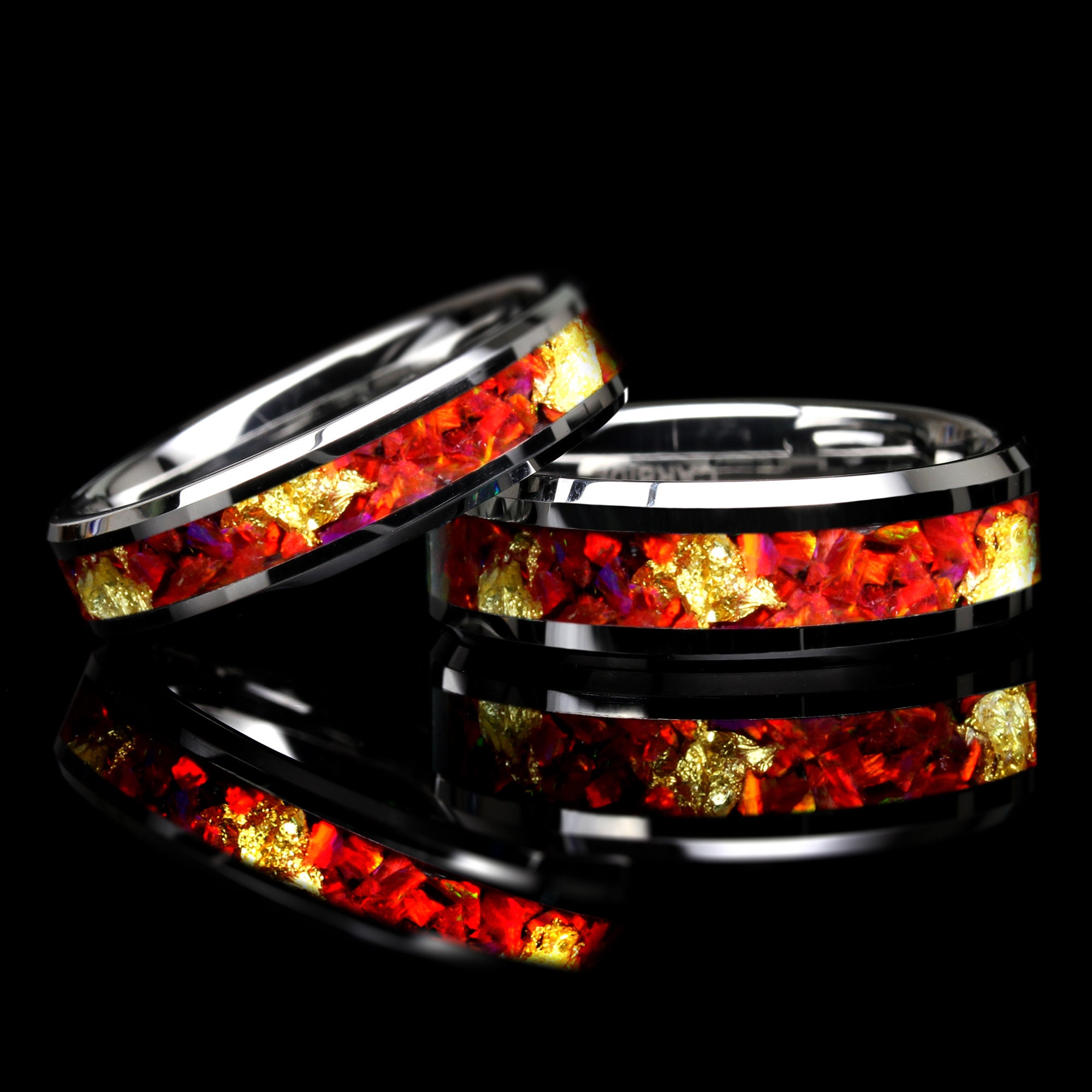 Red Fire Opal Tungsten Wedding Band