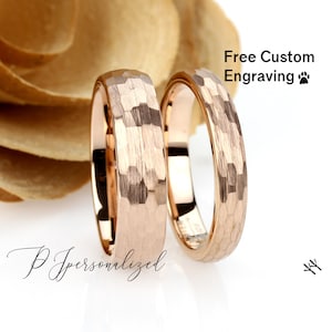 His And Hers Tungsten Wedding Band Set, 6mm 4mm, Hammered Center Rose Gold Tone Ring, Tungsten Carbide Ring, His And Hers Promise Ring Set