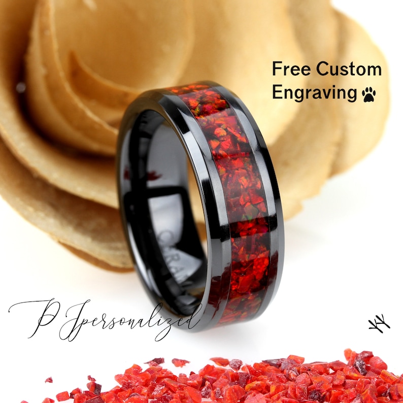 Crushed Ruby Red Fire Opal Inlay 8mm Tungsten Wedding Band