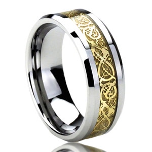 Stainless Steel Wedding Band Men Women, 8mm Yellow Tone Inlay Celtic ...