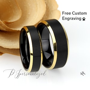 His And Hers Tungsten Wedding Band Set, Men & Women 8mm 6mm, Matte Black Top Yellow Gold Beveled Edges Ring, His And Hers Promise Ring Set