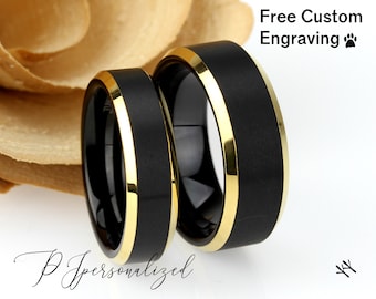 Set di fedi nuziali in tungsteno: nero opaco, bordi smussati in oro giallo, 8 mm 6 mm, set di anelli di fidanzamento, set di anelli di anniversario