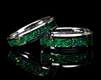 Seine oder Ihre Smaragd grün Feueropal mit natürlichen Moos Ehering, Wolfram Ring für Männer Frauen, 8mm 6mm, Versprechen Ring für Paar